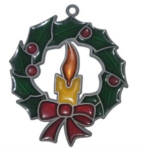 Vntg Handmade Stained Glass Holly Wreath & Candle Suncatcher Christmas Ornament
